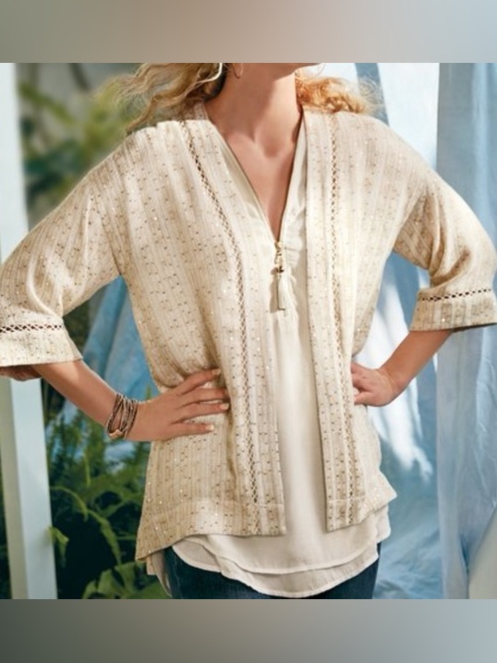 Soft Surroundings Glamour Sequin Topper Cream Open-Front Knit Cardigan Size PM